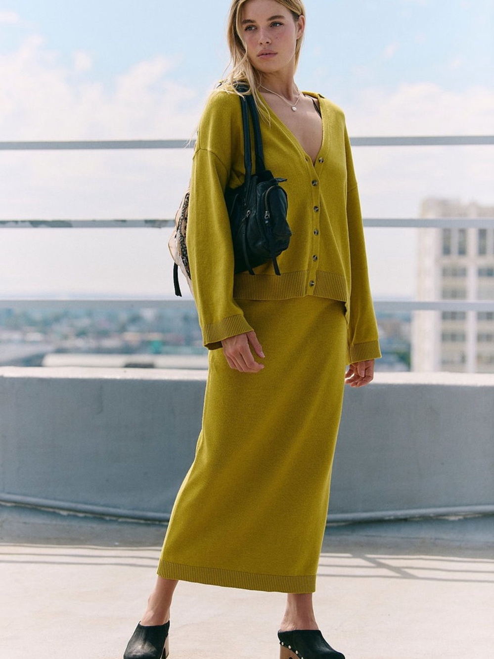Free People Chartreuse Knit Maxi Skirt SET NWOT
